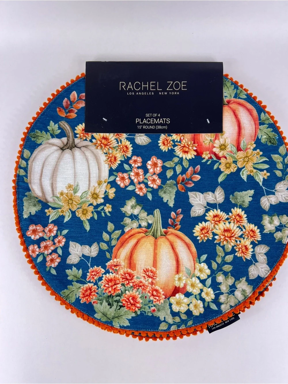 Rachel Zoe FALL Placemats Teal Floral Pumpkin Round with Orange Trim 4 Pc NEW
